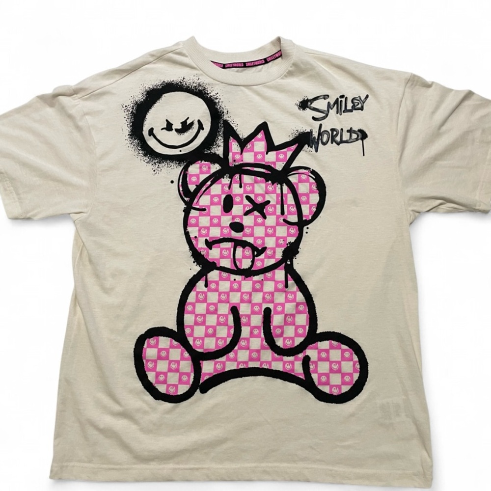 SmileyWorld Loose Fit Pink Checkered Graffiti Bear Skater Men's Unisex M